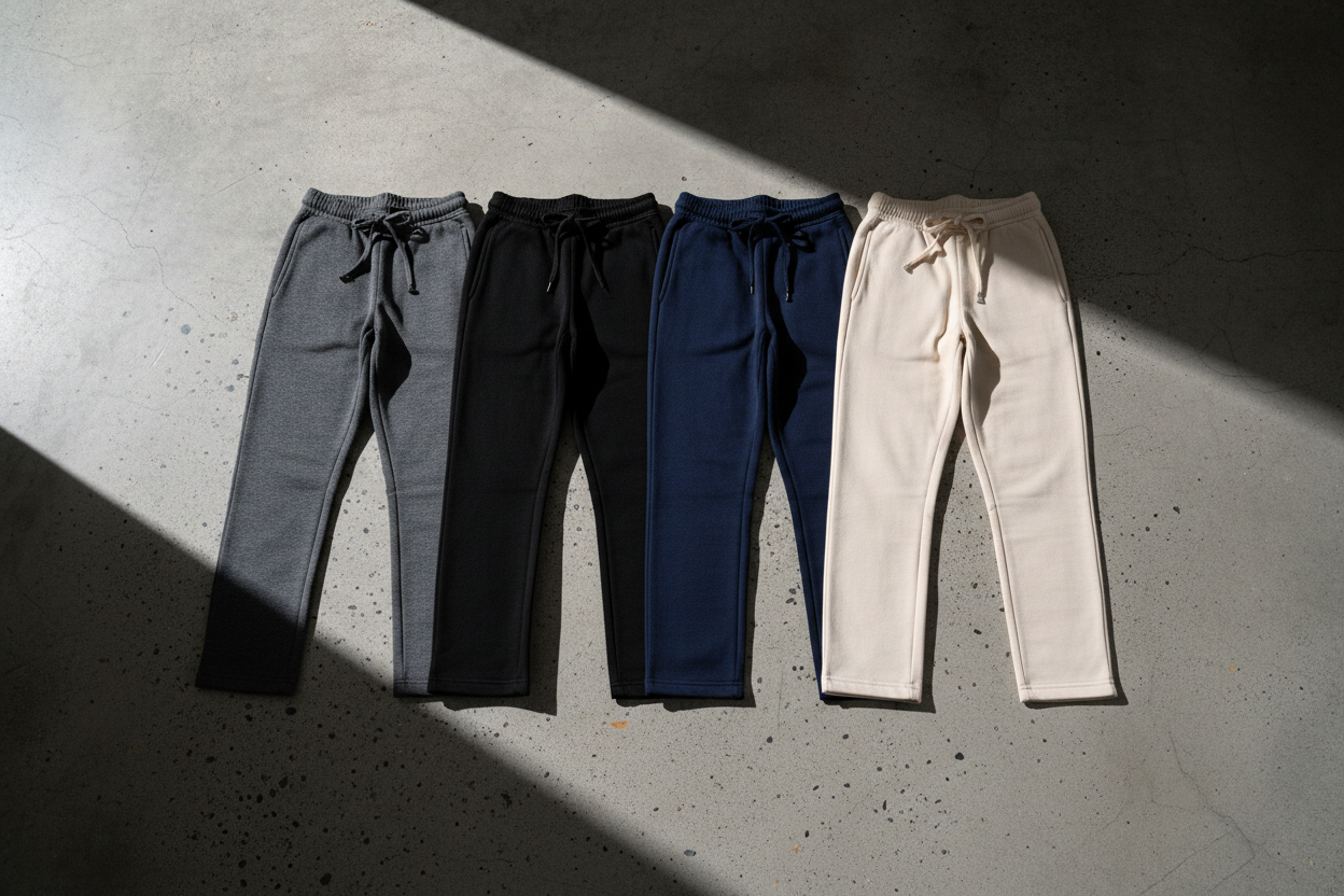 put 4 sets of uncuffed joggers on the floor, make them lined up perfectly and the floor is to be a concrete floor with nice lighting and nice shadows, the joggers are to be grey, black,nacy and cream